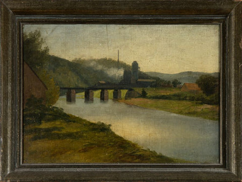 Frankè Ivan - Landscape by the river with a bridge and a factory barrier